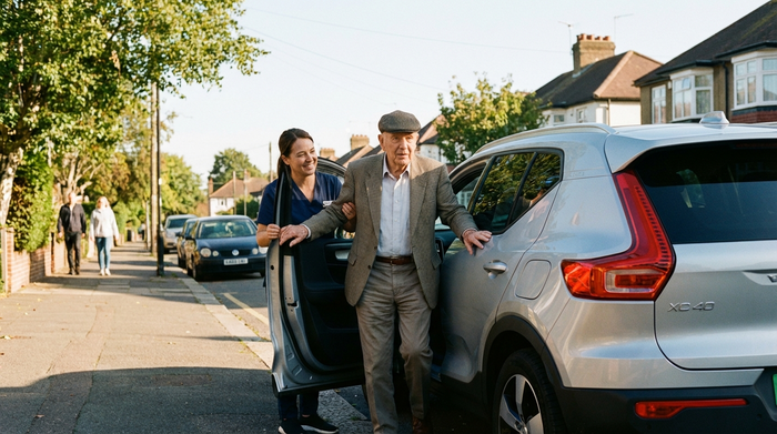Ein gepflegter Senior steigt mit Hilfe einer freundlichen Betreuerin sicher in ein modernes Auto ein. Helle, freundliche Straße an einem sonnigen Tag. Klare, realistische Szene ohne Schriftzüge.