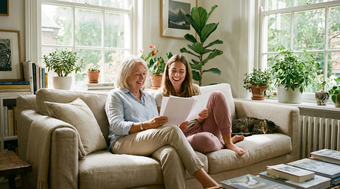Eine ältere Frau und ihre erwachsene Tochter sitzen entspannt auf einem Sofa und besprechen lächelnd Dokumente. Ein heller, gemütlicher Raum mit Zimmerpflanzen. Ruhige, positive Atmosphäre.