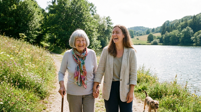 Eine ältere Dame und eine jüngere Betreuerin spazieren an einem sonnigen Tag an einem ruhigen See. Die Umgebung ist grün und idyllisch, beide wirken glücklich und entspannt.