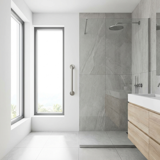 Ein modern eingerichtetes, helles Badezimmer mit einer bodengleichen Dusche und rutschfesten Fliesen. Ein sicherer Haltegriff ist dezent an der Wand angebracht.