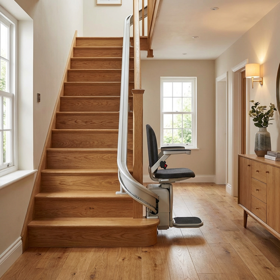 Ein eleganter, moderner Treppenlift ist an einer Holztreppe in einem gepflegten Einfamilienhaus installiert. Die Umgebung wirkt aufgeräumt und sicher.