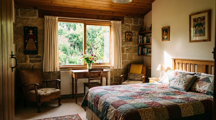 Ein gemütlich eingerichtetes Gästezimmer mit einem bequemen Bett, einem kleinen Schreibtisch und einem Fenster mit Blick in den Garten. Ein frischer Blumenstrauß steht auf dem Tisch.