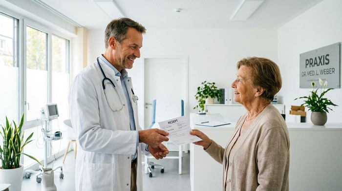 Ein Arzt in einer hellen Praxis überreicht einem älteren Patienten freundlich ein Rezeptdokument. Die Szene ist professionell, sauber und gut ausgeleuchtet.