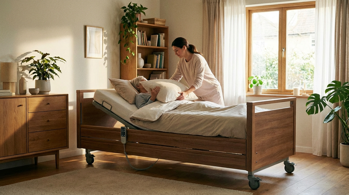 Ein modernes, elektrisch höhenverstellbares Pflegebett in einem gemütlichen, sauberen Schlafzimmer. Eine fürsorgliche Pflegekraft richtet die Kissen auf dem Bett. Warmes Licht, wohnliche Atmosphäre.