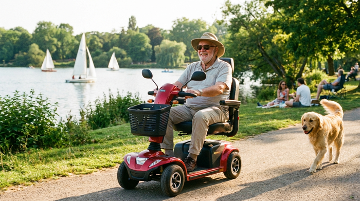 Ein rüstiger Senior fährt an einem sonnigen Tag mit einem modernen roten Elektromobil durch einen grünen Park am Wasser. Er lächelt entspannt und genießt die Unabhängigkeit.