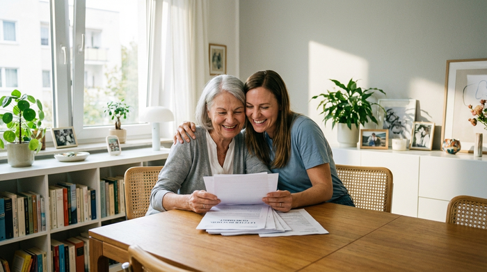 Eine ältere Frau und ihre Tochter sitzen gemeinsam an einem Esstisch und schauen entspannt auf Dokumente. Sie wirken erleichtert und glücklich. Helles, aufgeräumtes Zuhause.