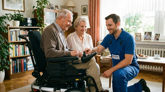 Ein freundlicher Servicetechniker in Arbeitskleidung kniet neben einem Rollstuhl im Wohnzimmer und erklärt einem älteren Ehepaar die Funktionen. Vertrauensvolle und hilfsbereite Stimmung.