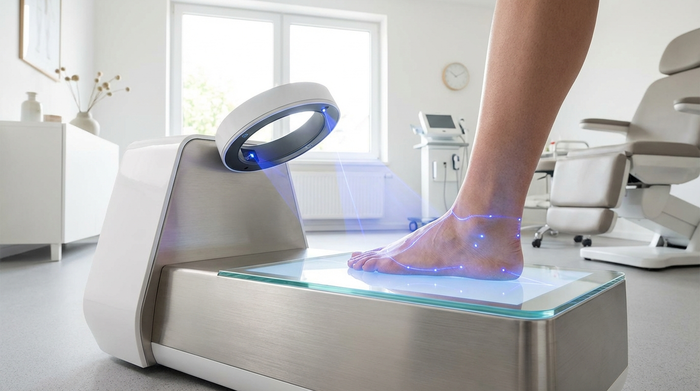 Ein hochmoderner 3D-Laserscanner für Füße in einem hellen Behandlungsraum. Ein Fuß steht auf der beleuchteten Glasplatte des Scanners, sanftes bläuliches Laserlicht tastet die Konturen ab. Realistisch, hochauflösend, saubere medizinische Umgebung ohne Text.