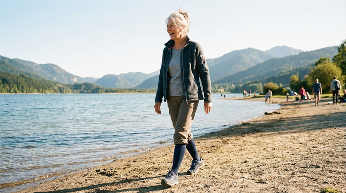 Eine fitte Seniorin in sportlicher, alltagstauglicher Kleidung spaziert lächelnd an einem sonnigen Seeufer. Sie trägt unauffällige, elegante Kompressionsstrümpfe in Marineblau zu bequemen Schuhen. Vitalität, Gesundheit, schönes Wetter, fotorealistisch.