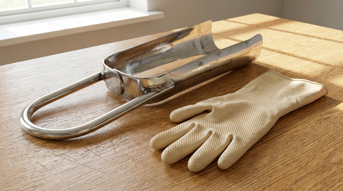 Ein metallisches Anziehgestell für Kompressionsstrümpfe steht auf einem aufgeräumten Holztisch. Daneben liegen spezielle medizinische Gummihandschuhe mit Noppen. Helles Tageslicht, saubere Umgebung, sehr detaillierte und realistische Darstellung ohne Beschriftungen.