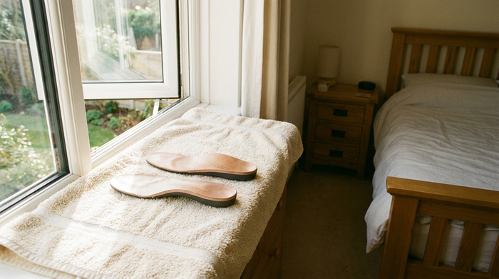 Frisch gereinigte orthopädische Einlagen liegen zum Trocknen auf einem flauschigen, sauberen Handtuch neben einem geöffneten Fenster. Sanftes Sonnenlicht fällt herein. Ruhige, aufgeräumte Szene im heimischen Schlafzimmer, keine Heizung in der direkten Nähe.