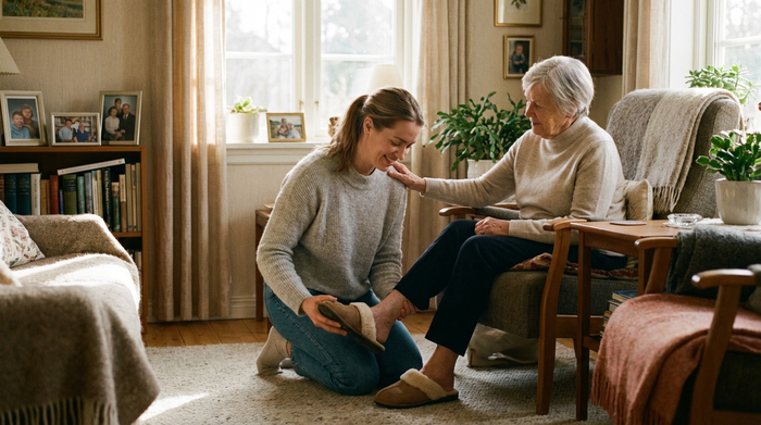 Eine jüngere Frau hilft einer älteren Dame liebevoll beim Anziehen von bequemen Schuhen im heimischen, gemütlichen Wohnzimmer. Vertrauensvolles Miteinander, warmer Lichteinfall, Fokus auf familiäre Fürsorge und Unterstützung, fotorealistisch.