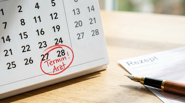 Nahaufnahme eines Tischkalenders, auf dem der 28. Tag eines Monats deutlich markiert ist. Daneben liegt unscharf ein ärztliches Rezept und ein eleganter Kugelschreiber auf einem hellen Holztisch. Helles Tageslicht, realistisch.