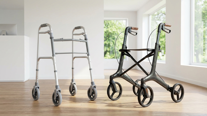 Zwei moderne Rollatoren stehen nebeneinander in einem hellen, sauberen Verkaufsraum. Der linke Rollator ist ein einfaches Standardmodell aus Metall, der rechte ein elegantes, leichtes Premiummodell aus dunklem Carbon. Fotorealistisch, ohne Text.