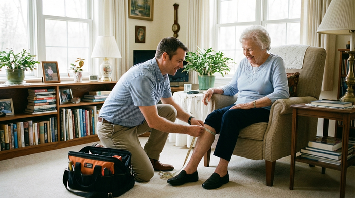 Ein freundlicher Orthopädietechniker kniet im hellen Wohnzimmer einer älteren Dame und misst mit einem Maßband aufmerksam den Abstand an ihrem Unterschenkel. Die Dame sitzt bequem in einem Sessel und lächelt. Realistische, vertrauensvolle Heimsituation.