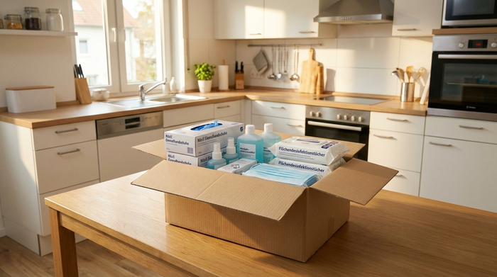 Ein ordentlich gepackter Karton mit Pflegehilfsmitteln wie Einmalhandschuhen und Desinfektionsmitteln steht auf einem sauberen Küchentisch. Im Hintergrund sieht man eine aufgeräumte, moderne Küche mit warmem Lichteinfall. Helle, klare Farben, fotorealistisch.