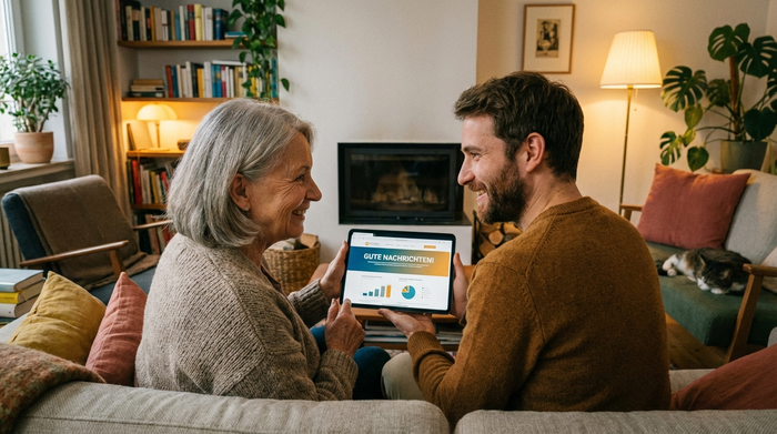 Eine ältere Frau und ein jüngerer Mann sitzen gemeinsam auf einem gemütlichen Sofa und betrachten erfreut ein modernes Tablet. Sie wirken erleichtert und gut informiert. Warme, heimelige Wohnzimmeratmosphäre, fotorealistisch.