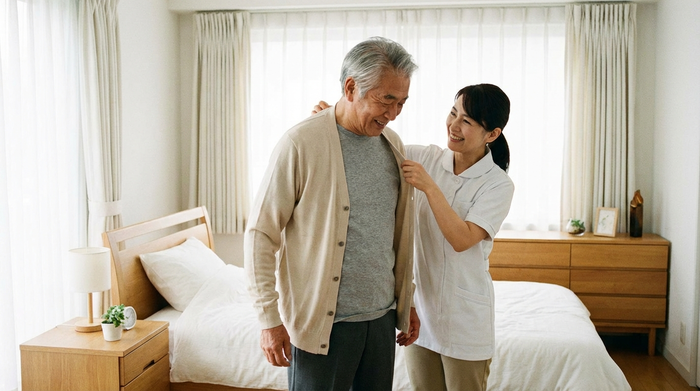 Ein älterer Herr mit grauen Haaren wird von einer einfühlsamen Pflegekraft beim Anziehen einer hellen Strickjacke unterstützt. Helles Schlafzimmer, saubere Umgebung, realistische und respektvolle Pflegesituation ohne Text.