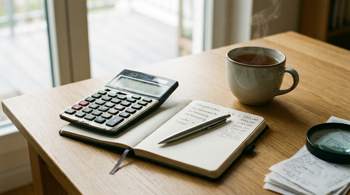 Ein Taschenrechner, ein Notizbuch und ein Stift liegen auf einem aufgeräumten Holztisch, daneben eine Tasse Tee. Sanftes Tageslicht. Symbolbild für die Berechnung von Pflegekosten, realistische Fotografie ohne Text.