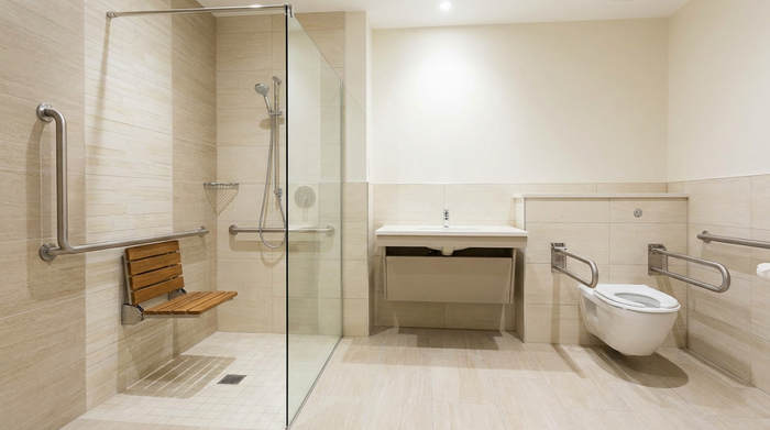 Ein modern renoviertes, barrierefreies Badezimmer mit einer ebenerdigen Dusche, einem Haltegriff an der Wand und einem komfortablen Duschsitz. Helle Fliesen, sauberes und sicheres Umfeld für Senioren, ohne Text.