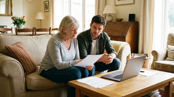Eine ältere Frau und ein jüngerer Mann sitzen gemeinsam auf einem Sofa und betrachten konzentriert Dokumente. Ein Laptop steht auf dem Couchtisch. Helle, familiäre Atmosphäre, ohne lesbaren Text.