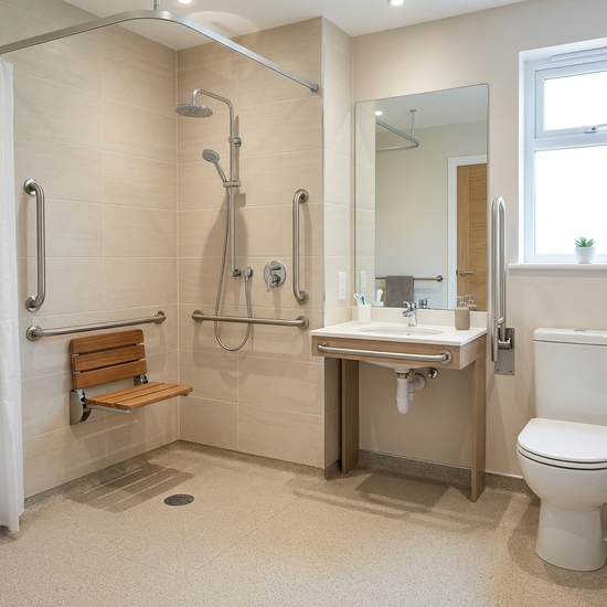 Ein modernes, barrierefreies Badezimmer mit einer bodengleichen Dusche, stabilen Haltegriffen an den hellen Fliesenwänden und einem rutschfesten Duschsitz. Sauberes, sicheres und einladendes Ambiente ohne Text.
