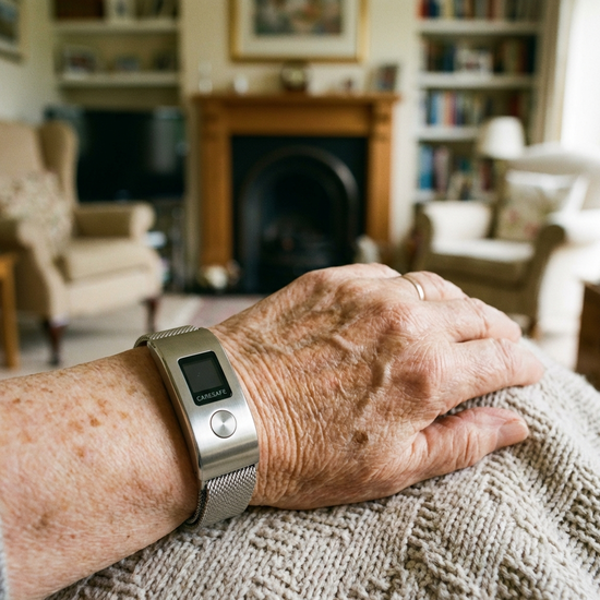 Eine Nahaufnahme der Hand einer Seniorin, die ein modernes Hausnotruf-Armband am Handgelenk trägt. Im Hintergrund ist leicht unscharf ein gemütliches Wohnzimmer zu erkennen.