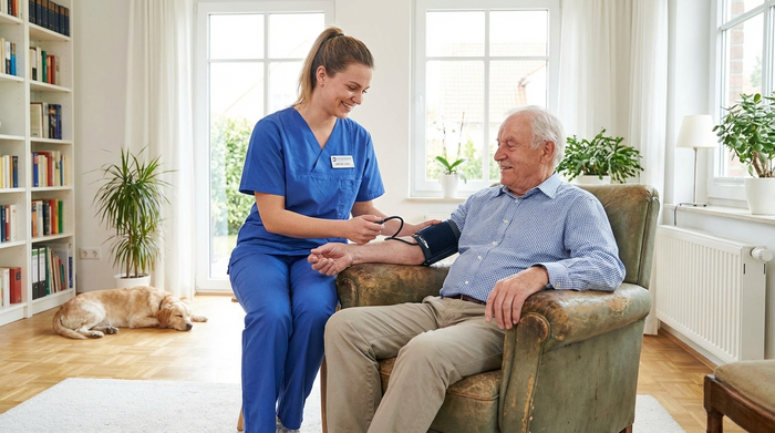 Eine professionelle Pflegekraft in blauer Dienstkleidung misst den Blutdruck eines älteren Herrn, der entspannt in seinem Sessel sitzt. Helles, aufgeräumtes Wohnzimmer, realistische Szene.