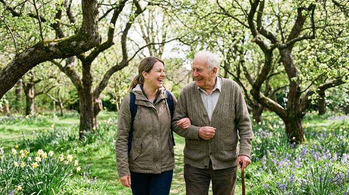 Eine Betreuungskraft und ein Senior spazieren gemeinsam lachend durch einen grünen Park mit alten Bäumen. Frühlingswetter, sonnig, entspannte und vertraute Stimmung.