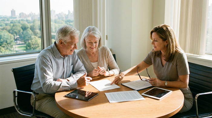 Ein älteres Ehepaar sitzt mit einer Beraterin an einem runden Tisch und bespricht Dokumente. Ernsthafte, aber positive Atmosphäre, helles Büro, fokussierte Szene ohne lesbaren Text.