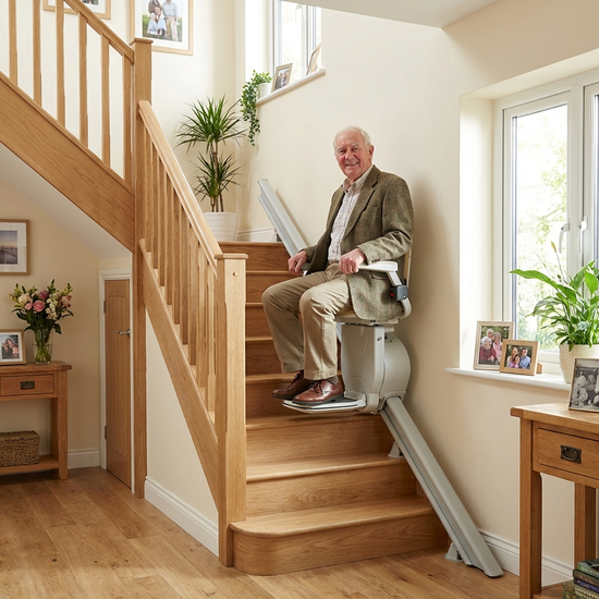 Ein moderner, unauffälliger Treppenlift an einer Holztreppe in einem gepflegten Einfamilienhaus. Ein älterer Herr fährt sicher und entspannt nach oben. Helles, freundliches Treppenhaus.