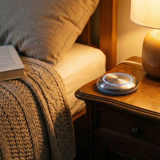 Ein eleganter, wasserfester Notrufknopf liegt griffbereit auf einem kleinen Nachttisch neben einem gemütlichen Bett. Warme Beleuchtung, fokussierte Nahaufnahme.