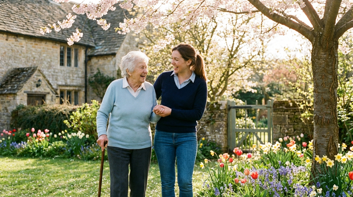 Eine freundliche, junge Pflegekraft hilft einer älteren Dame behutsam beim Gehen im eigenen Garten. Frühlingswetter, grüne Pflanzen, vertrauensvolles Miteinander, sonniges Licht.