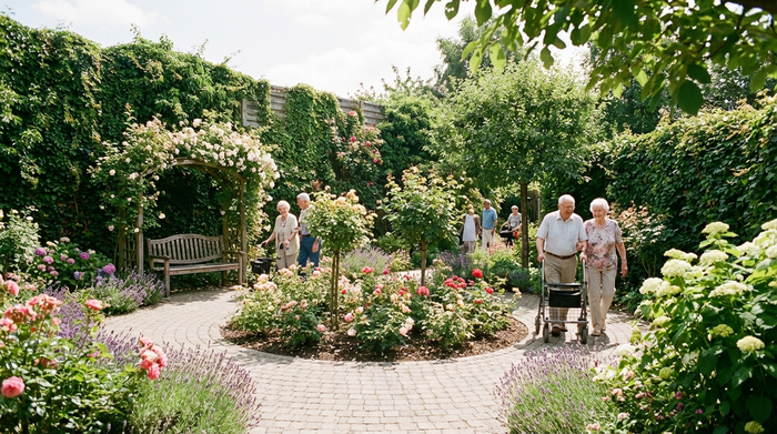 Ein sicherer, idyllischer Demenzgarten mit einem gepflasterten Rundweg. Ältere Menschen spazieren entspannt zwischen blühenden Blumenbeeten und kleinen Bäumen. Eine Holzbank lädt zum Verweilen ein. Hohe, mit Efeu bewachsene Zäune fügen sich unauffällig in die Natur ein. Helles Tageslicht, fotorealistisch und friedlich.