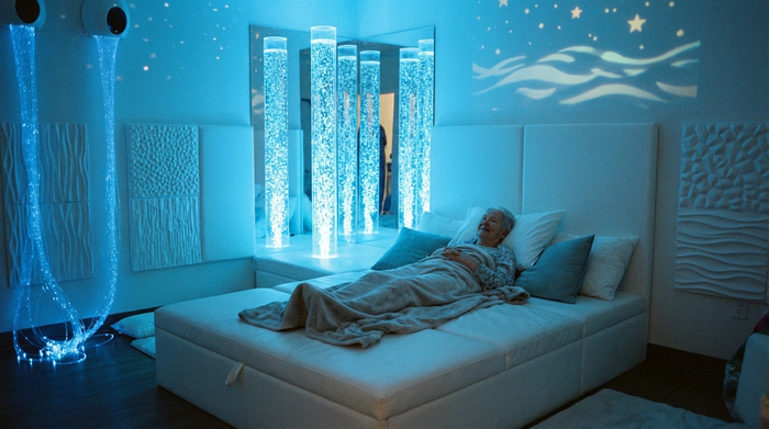 Ein gemütlicher Snoezelen-Raum mit gedimmtem Licht. Leuchtende Wassersäulen erhellen den Raum in sanften Blautönen. Auf einer bequemen, weißen Liegelandschaft mit weichen Kissen ruht sich eine ältere Person entspannt aus. Eine beruhigende, therapeutische und realistische Umgebung ohne Text.