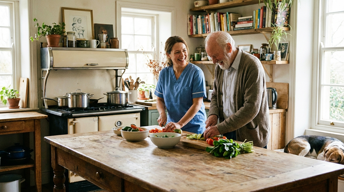Eine freundliche Betreuungskraft kocht gemeinsam mit einem älteren Herrn in einer gut beleuchteten, wohnlichen Küche. Beide schneiden frisches Gemüse an einem rustikalen Holztisch und lachen miteinander. Im Hintergrund stehen Töpfe auf dem Herd. Authentische, häusliche Pflegesituation, detailreich und warm.