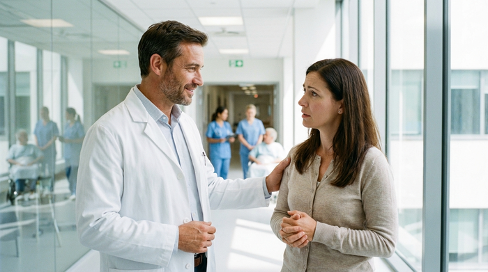 Ein freundlicher Arzt in weißem Kittel spricht im hellen Flur eines modernen Krankenhauses beruhigend mit einer besorgten Angehörigen. Im Hintergrund unscharfe, saubere Klinikflure. Realistische, professionelle Fotografie.