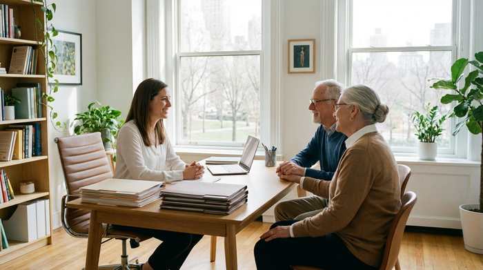 Eine professionelle Beraterin sitzt an einem aufgeräumten Schreibtisch in einem hellen Büro und lächelt einem älteren Ehepaar freundlich zu. Auf dem Tisch liegen ordentliche Dokumentenmappen. Natürliches Licht, vertrauensvolle Stimmung.