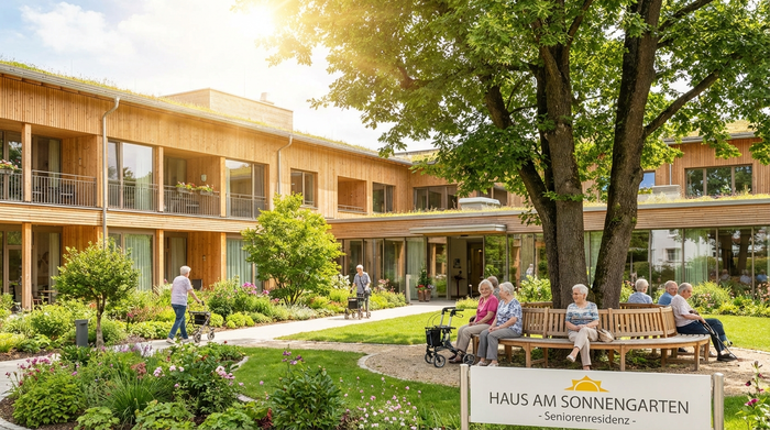 Ein modernes, einladendes Seniorenheim von außen mit einem gepflegten, grünen Garten. Ältere Menschen sitzen entspannt auf Bänken unter großen Bäumen. Strahlender Sonnenschein, friedliche und sichere Umgebung.