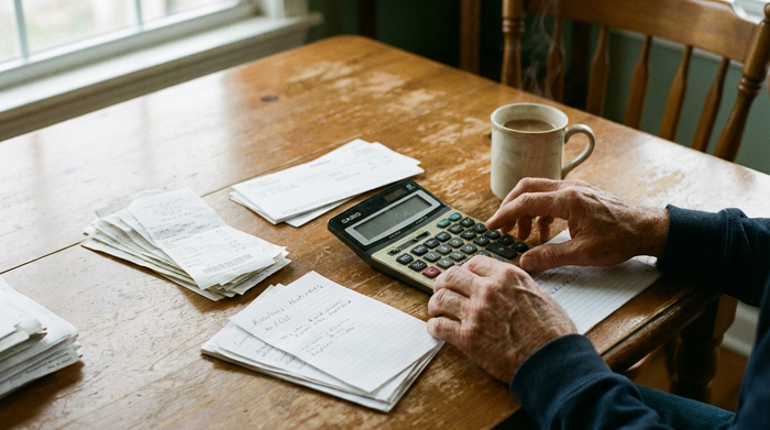 Eine Nahaufnahme von Händen, die sorgfältig Dokumente und einen Taschenrechner auf einem hölzernen Esstisch sortieren. Eine Tasse Kaffee steht daneben. Ruhige, konzentrierte Atmosphäre, realistische Details.