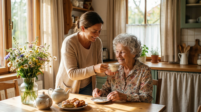 Eine liebevolle Pflegekraft unterstützt eine lächelnde ältere Dame beim Teetrinken in einer gemütlichen, gut beleuchteten Küche. Frische Blumen auf dem Tisch, warme Farben, harmonisches Miteinander.