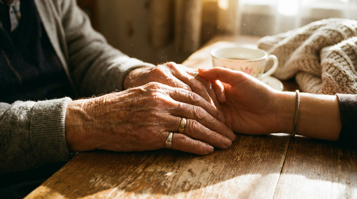Nahaufnahme von Händen einer älteren Person, die entspannt auf einem Tisch ruhen, während eine jüngere Hand sie sanft und beruhigend hält. Warmer Lichteinfall, gemütliche und vertrauensvolle Stimmung.