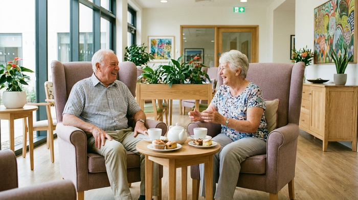 Zwei Senioren sitzen lächelnd in bequemen Sesseln und unterhalten sich angeregt. Zwischen ihnen steht ein kleiner Holztisch mit Teetassen. Helles, freundliches Ambiente einer modernen Senioreneinrichtung.