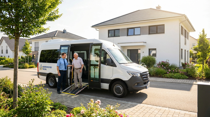 Ein moderner, weißer Kleinbus mit geöffneter Seitentür steht vor einem gepflegten Einfamilienhaus. Ein freundlicher Fahrer hilft einem lächelnden Senior mit Gehstock beim Einsteigen. Sonniges Wetter und grüne Vorgärten.
