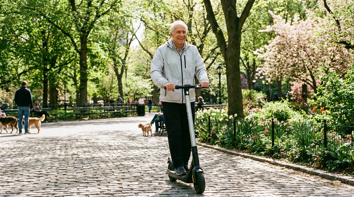 Ein rüstiger Senior fährt mit einem modernen Elektromobil auf einem gepflasterten Weg durch einen grünen Park. Er trägt eine leichte Jacke und genießt die sonnige Natur in vollen Zügen.