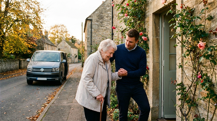 Ein fürsorglicher Pfleger begleitet eine ältere Dame sanft an der Haustür. Die Dame trägt eine leichte Jacke, der Pfleger stützt sie am Arm. Im Hintergrund ist ein geparkter Kleinbus auf einer ruhigen Straße zu sehen.