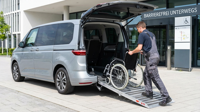 Ein moderner Kleinbus mit geöffneter Heckklappe und ausgefahrener, stabiler Rollstuhlrampe. Ein Fahrer schiebt vorsichtig einen leeren Rollstuhl über die Rampe ins Fahrzeuginnere. Helles Tageslicht, saubere und sichere Umgebung.