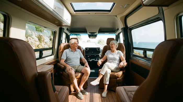 Zwei Senioren sitzen fröhlich plaudernd auf den bequemen Sitzen im Innenraum eines geräumigen Kleinbusses. Sie schauen entspannt aus dem Fenster, angenehmes Sonnenlicht fällt in das Fahrzeug.