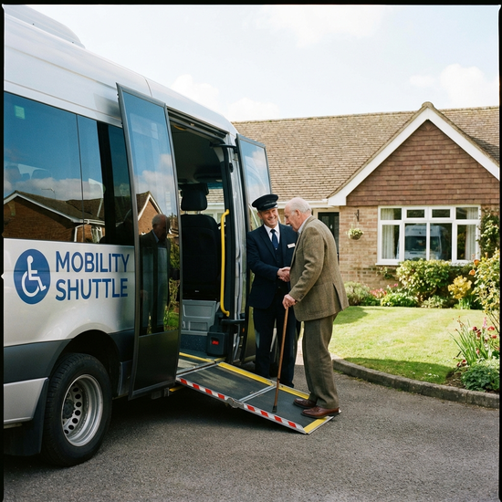 Ein moderner, rollstuhlgerechter Kleinbus steht mit geöffneter Tür vor einem gepflegten Einfamilienhaus. Ein freundlicher Fahrer hilft einem älteren Herrn mit Gehstock sicher beim Einstieg.
