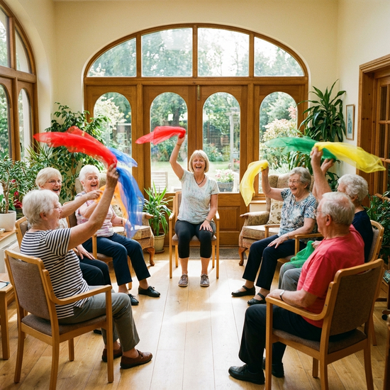 Eine fröhliche Gruppe von Senioren bei der Sitzgymnastik in einem lichtdurchfluteten Raum. Sie halten bunte Chiffontücher in den Händen und lachen gemeinsam.